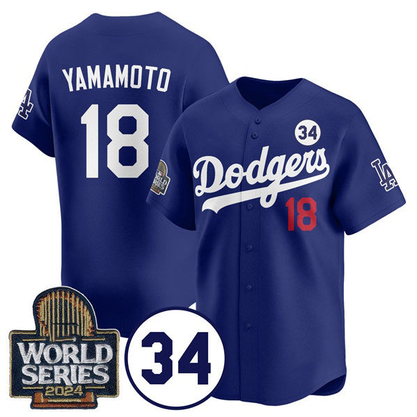 Los Angeles Dodgers #18 Yoshinobu Yamamoto Royal 2024 World Series With No. 34 Patch Cool Base Stitched Baseball jersey