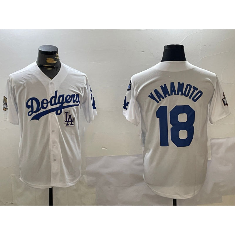 Los Angeles Dodgers #18 Yoshinobu Yamamoto White 2024 World Series With Fernando Memorial Patch Home Limited Stitched Baseball jersey