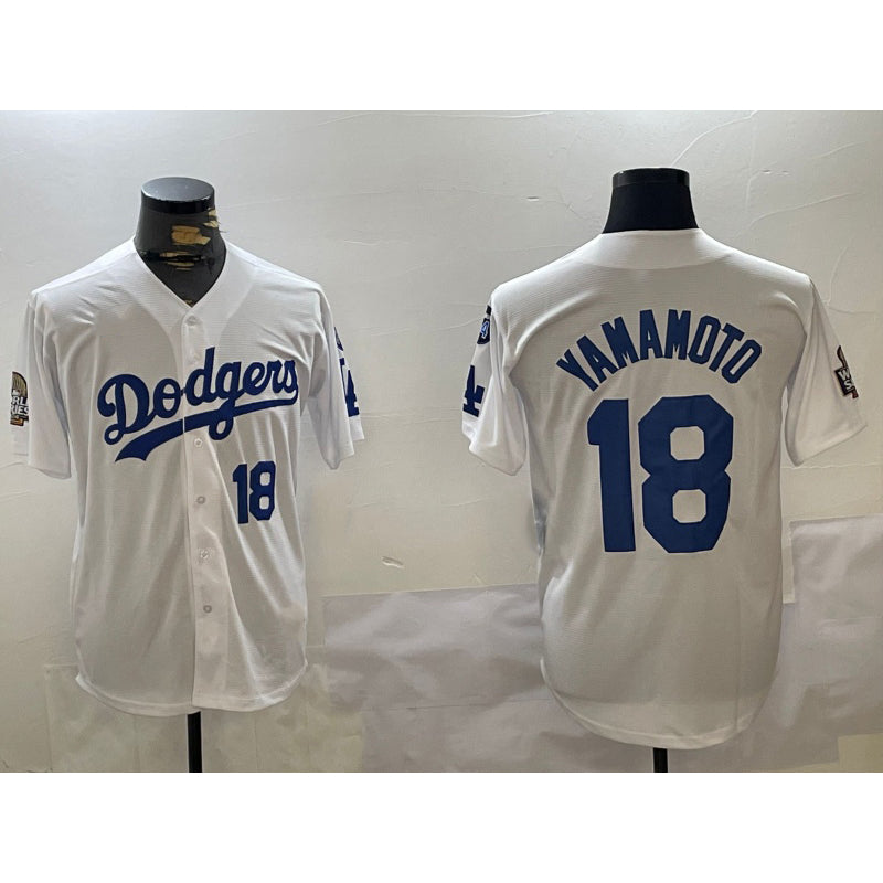 Los Angeles Dodgers #18 Yoshinobu Yamamoto White 2024 World Series With Fernando Memorial Patch Home Limited Stitched Baseball jersey