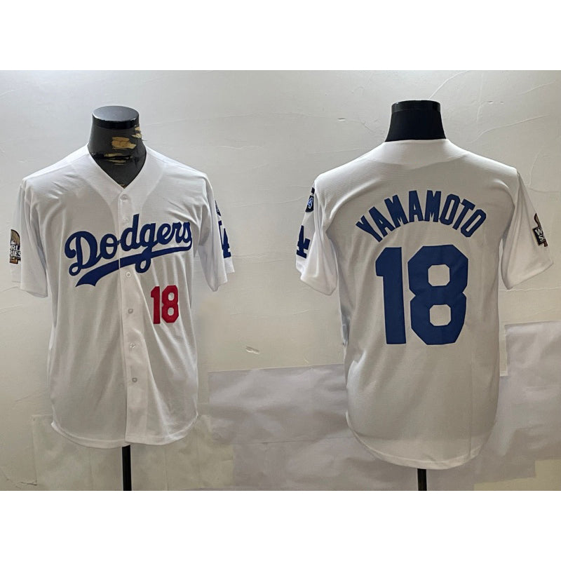 Los Angeles Dodgers #18 Yoshinobu Yamamoto White 2024 World Series With Fernando Memorial Patch Home Limited Stitched Baseball jersey