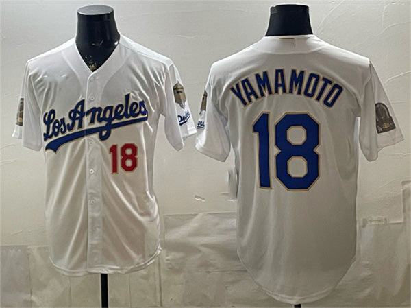Los Angeles Dodgers #18 Yoshinobu Yamamoto White 2026 Gold Collection 9x & B2B Champs Patch Stitched Baseball Jersey