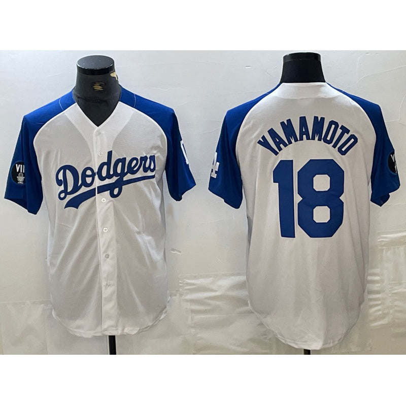 Los Angeles Dodgers #18 Yoshinobu Yamamoto White Blue Fashion Stitched Cool Base Limited Baseball jersey