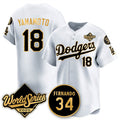 Los Angeles Dodgers #18 Yoshinobu Yamamoto White Gold 2025 World Series With No.34 Patch Limited Stitched Baseball jersey