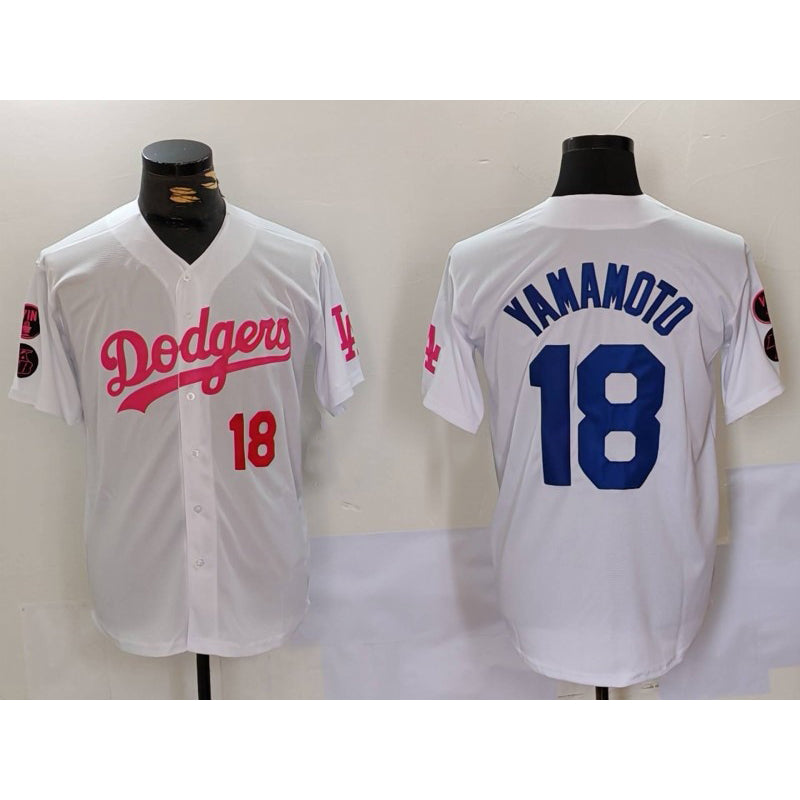 Los Angeles Dodgers #18 Yoshinobu Yamamoto White Pink Vin & Kobe Patch Stitched Baseball jersey