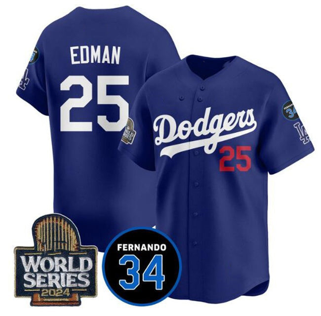 Los Angeles Dodgers #25 Tommy Edman Royal 2024 World Series With Fernando Memorial Patch Alternate Limited Stitched Baseball jersey