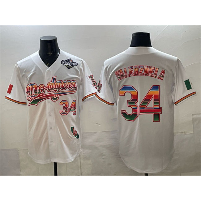 Los Angeles Dodgers #34 Fernando Valenzuela White Mexico California Patch 2025 World Series Patch Stitched Baseball jersey