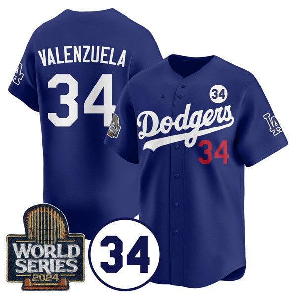 Los Angeles Dodgers #34 Toro Valenzuela Royal 2024 World Series With No. 34 Patch Cool Base Stitched Baseball jersey