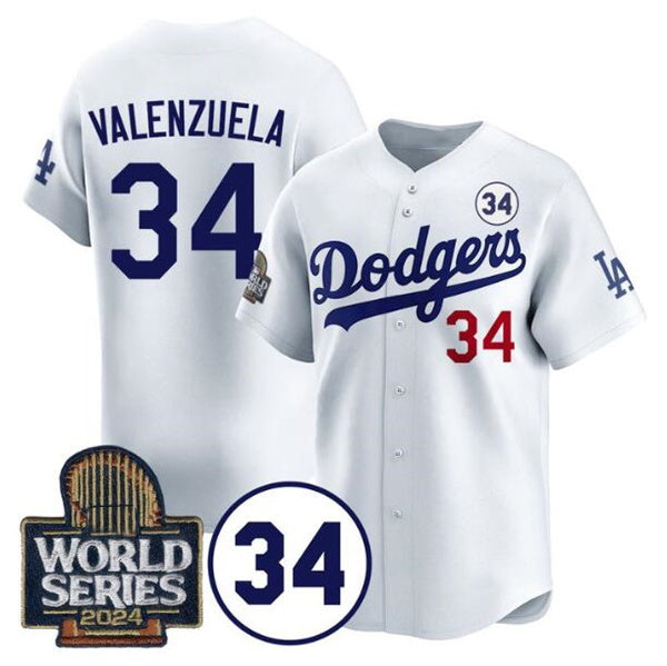 Los Angeles Dodgers #34 Toro Valenzuela White 2024 World Series With No. 34 Patch Limited Stitched Baseball jersey