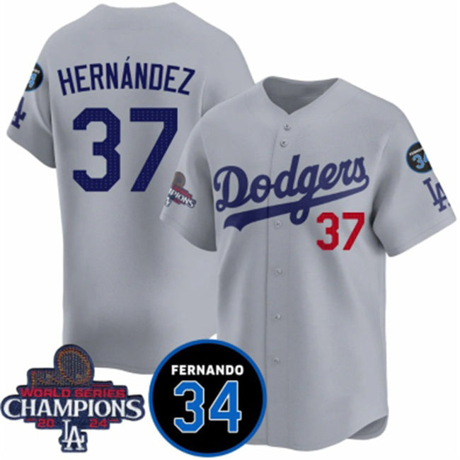 Los Angeles Dodgers #37 Teoscar Hernandez Gray 2024 World Series Champions With Fernando Memorial Patch Vapor Premier Limited Stitched Baseball jersey