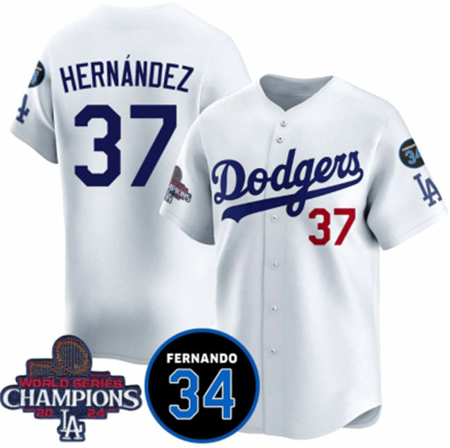 Los Angeles Dodgers #37 Teoscar Hernandez White 2024 World Series Champions With Fernando Memorial Patch Vapor Premier Home Limited Stitched Baseball jersey