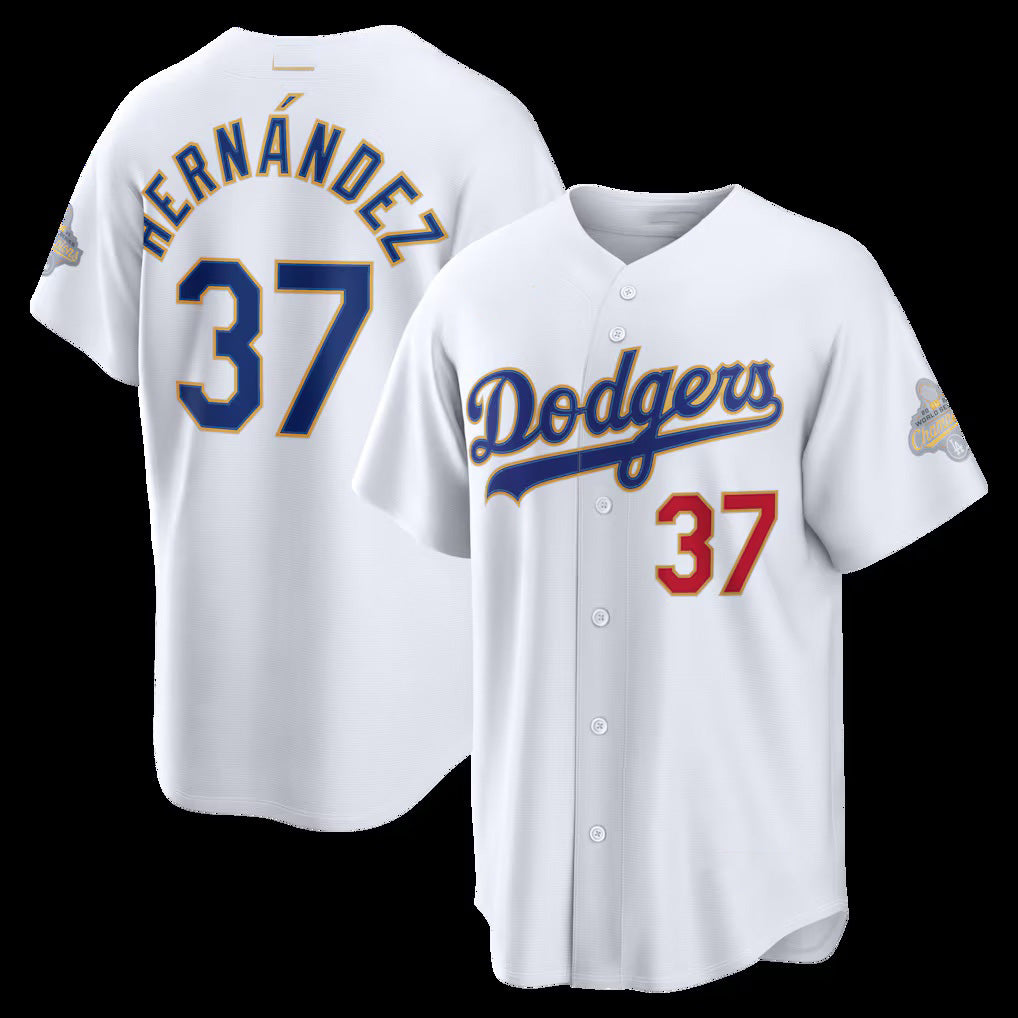 Los Angeles Dodgers #37 Teoscar Hernández White 2026 Gold Collection Stadium Baseball Jersey