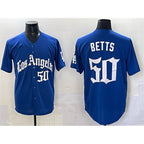 Los Angeles Dodgers #50 Mookie Betts Blue 2025 LA Gothic Style With Fernando Patch Vapor Premier Limited Stitched Baseball jersey