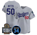 Los Angeles Dodgers #50 Mookie Betts Grey 2024 World Series With Fernando Memorial Patch Limited Stitched Baseball jersey