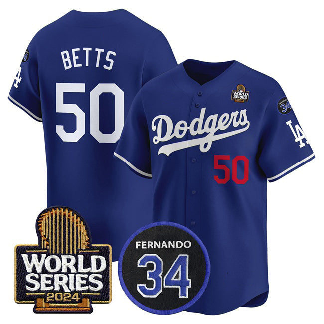 Los Angeles Dodgers #50 Mookie Betts Royal 2024 World Series With Fernando Memorial Patch Limited Stitched Baseball jersey