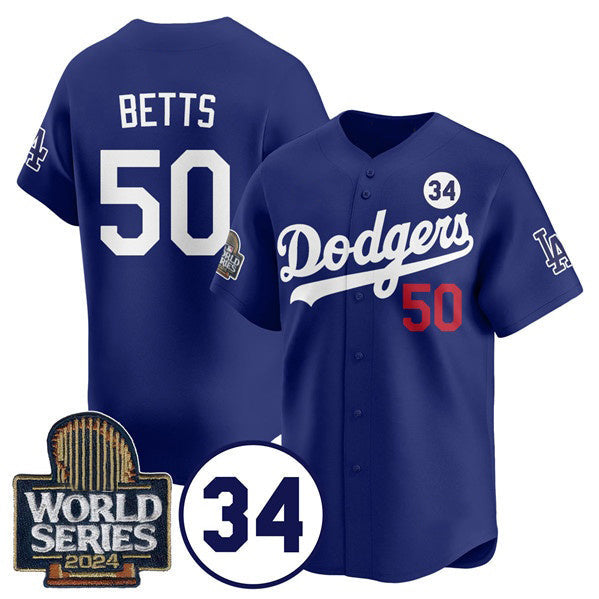 Los Angeles Dodgers #50 Mookie Betts Royal 2024 World Series With No. 34 Patch Cool Base Stitched Baseball jersey