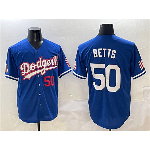 Los Angeles Dodgers #50 Mookie Betts Royal With American Flag Patch Limited Stitched Baseball jersey