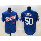 Los Angeles Dodgers #50 Mookie Betts Royal With American Flag Patch Limited Stitched Baseball jersey