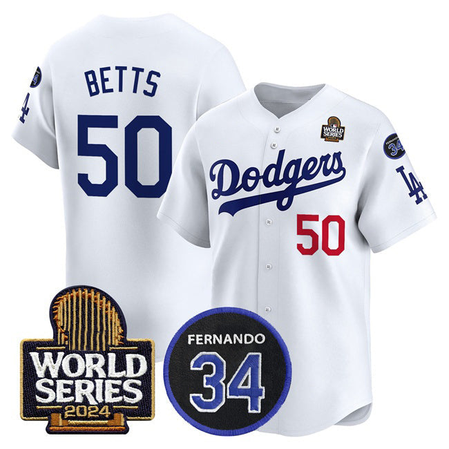 Los Angeles Dodgers #50 Mookie Betts White 2024 World Series With Fernando Memorial Patch Limited Stitched Baseball jersey