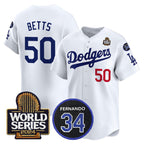 Los Angeles Dodgers #50 Mookie Betts White 2024 World Series With Fernando Memorial Patch Limited Stitched Baseball jersey