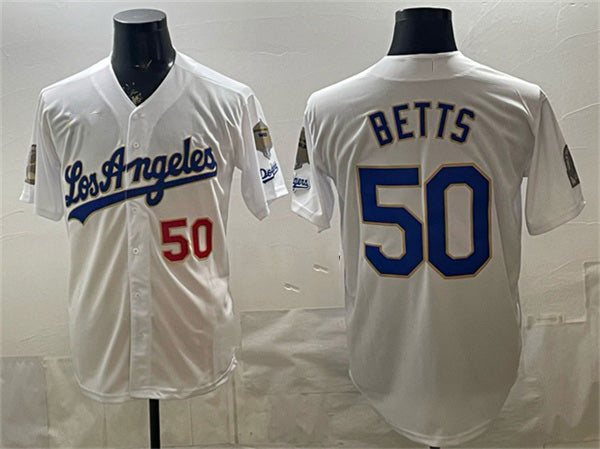 Los Angeles Dodgers #50 Mookie Betts White 2026 Gold Collection 9x & B2B Champs Patch Stitched Baseball Jersey