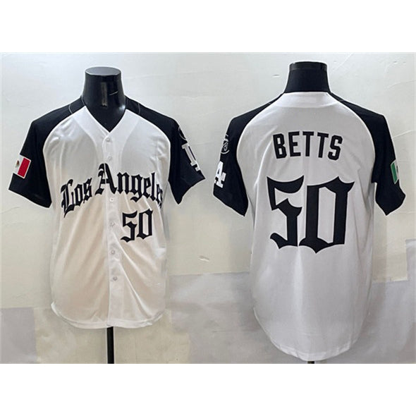 Los Angeles Dodgers #50 Mookie Betts White Black Mexico 2025 LA Gothic Style With Fernando Patch Vapor Premier Limited Stitched Baseball jersey