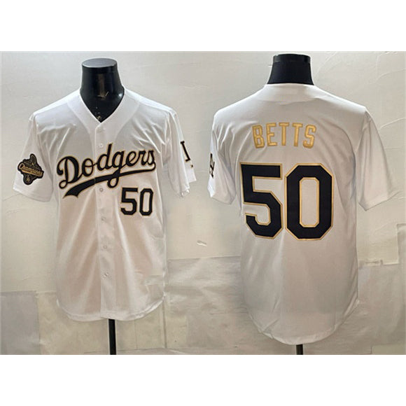 Los Angeles Dodgers #50 Mookie Betts White Gold 2025 World Series Champions Patch Limited Stitched Baseball jersey