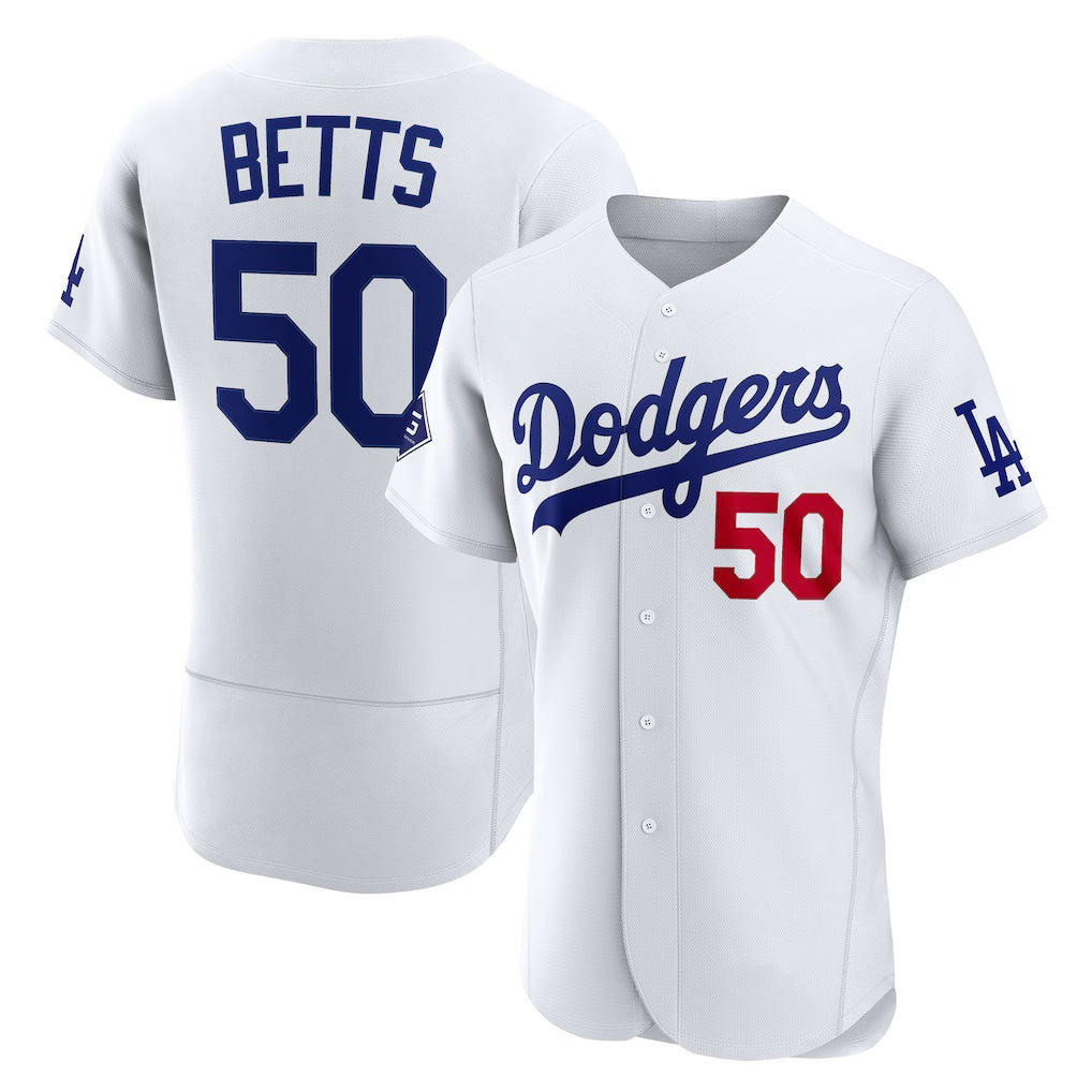 Los Angeles Dodgers #50 Mookie Betts White Home Authentic Sponsor Patch Baseball jersey