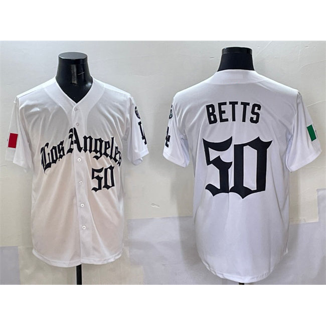 Los Angeles Dodgers #50 Mookie Betts White Mexico 2025 LA Gothic Style With Fernando Patch Vapor Premier Limited Stitched Baseball jersey