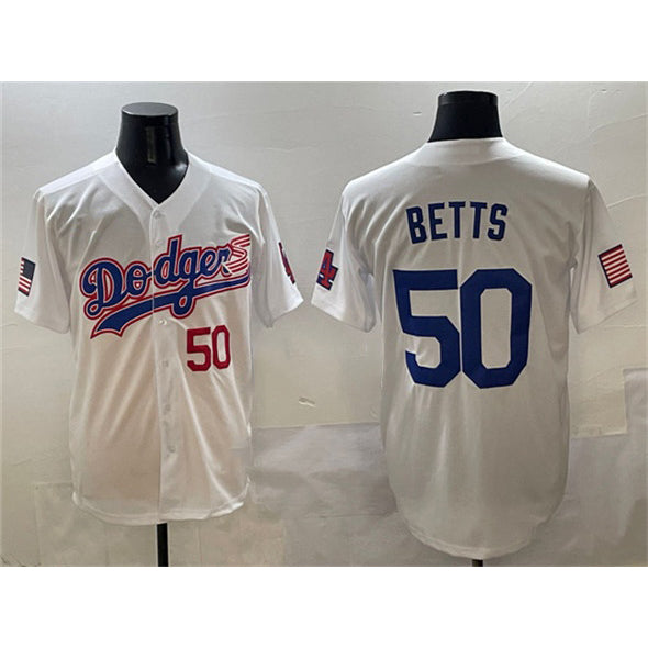 Los Angeles Dodgers #50 Mookie Betts White With American Flag Patch Limited Stitched Baseball jersey