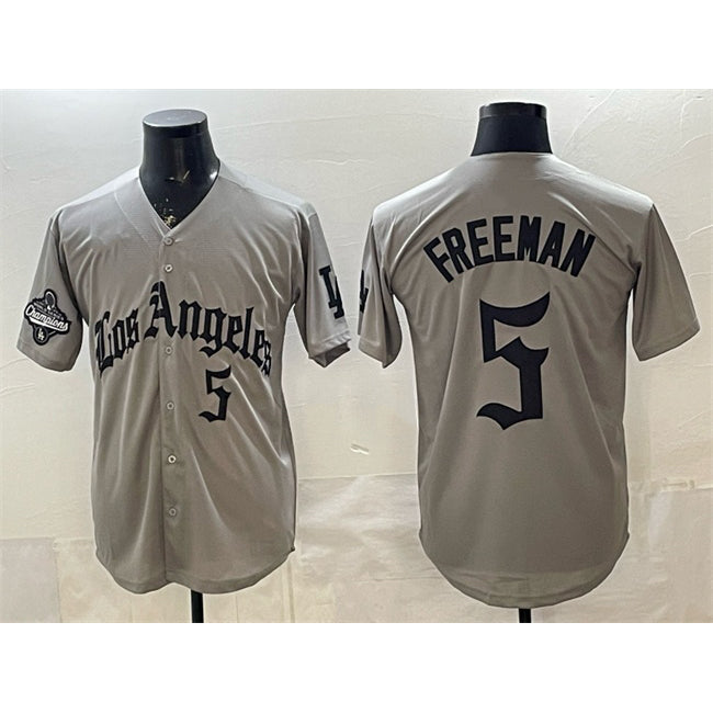 Los Angeles Dodgers #5 Freddie Freeman Grey LA Gothic Style With 2025 World Series Champions Patch Limited Stitched Baseball Jersey