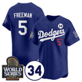 Los Angeles Dodgers #5 Freddie Freeman Royal 2024 World Series With No. 34 Patch Cool Base Stitched Baseball Jersey