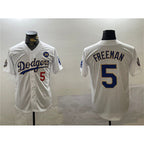 Los Angeles Dodgers #5 Freddie Freeman White Gold 2024 World Series With No. 34 Patch Home Limited Stitched Baseball Jersey