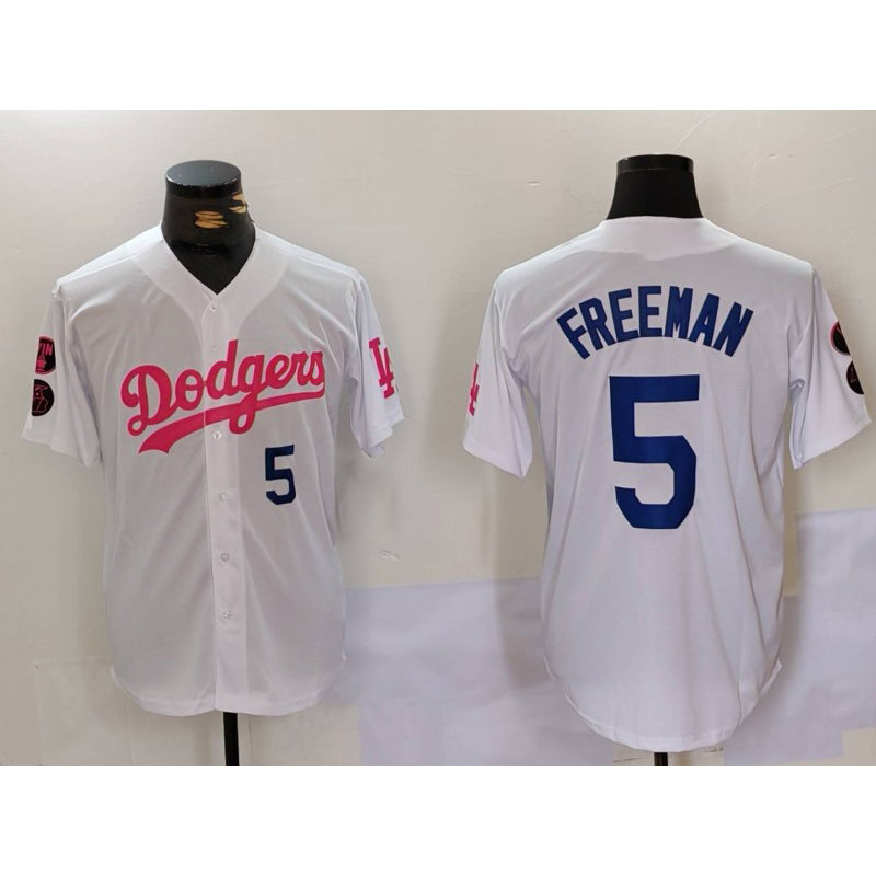 Los Angeles Dodgers #5 Freddie Freeman White Pink Vin & Kobe Patch Stitched Baseball Jersey
