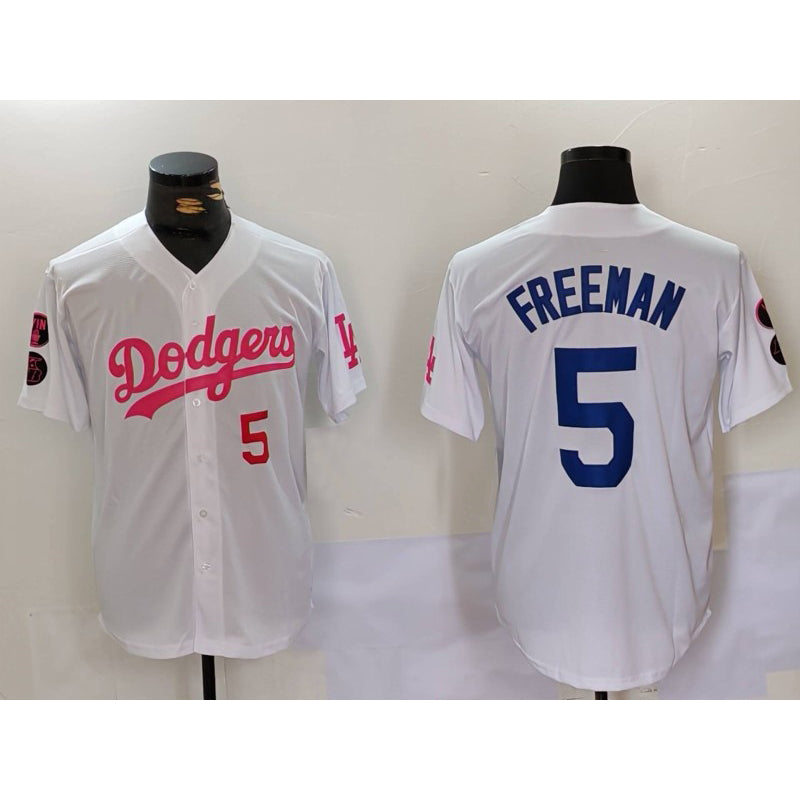 Los Angeles Dodgers #5 Freddie Freeman White Pink Vin & Kobe Patch Stitched Baseball Jersey