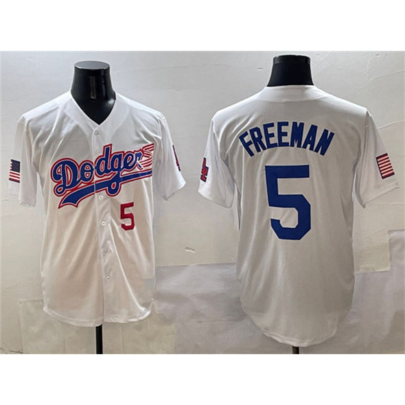 Los Angeles Dodgers #5 Freddie Freeman White With American Flag Patch Limited Stitched Baseball Jersey