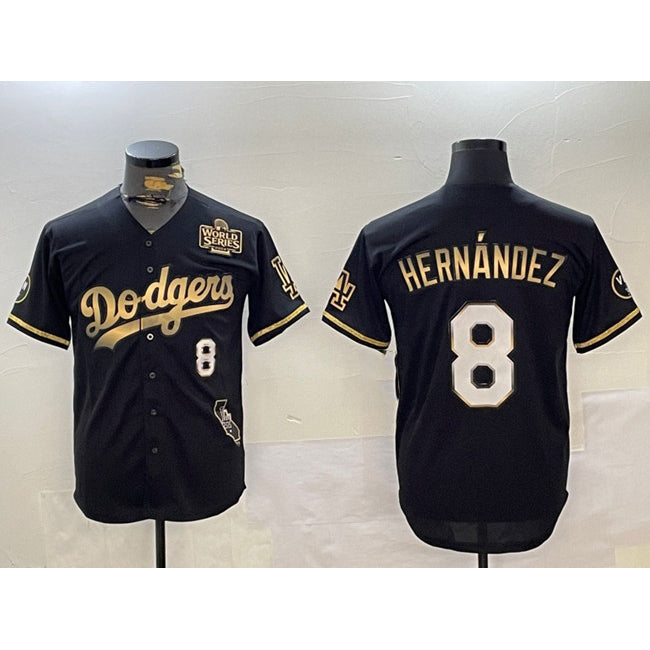Los Angeles Dodgers #8 Enrique Hern¨¢ndez Black Gold 2024 World Series With Vin & California Patch Vapor Premier Limited Stitched Baseball Jersey