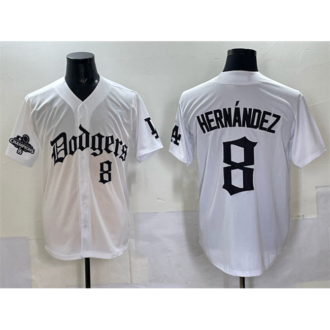 Los Angeles Dodgers #8 Enrique Hern¨¢ndez White 2025 LA Gothic Style With 2024 World Series Champions Patch Vapor Premier Limited Stitched Baseball Jersey