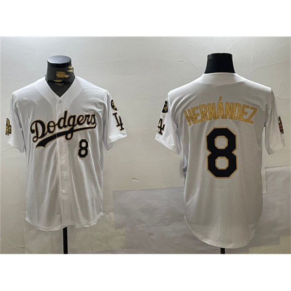 Los Angeles Dodgers #8 Enrique Hern¨¢ndez White Gold 2024 World Series With Fernando Memorial Patch Home Limited Stitched Baseball Jersey