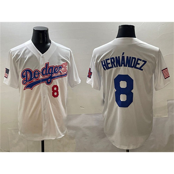 Los Angeles Dodgers #8 Enrique Hern¨¢ndez White With American Flag Patch Limited Stitched Baseball Jersey