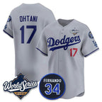 Los Angeles Dodgers #17 Shohei Ohtani Gray 2025 World Series With No. 34 Patch Limited Stitched Baseball Jersey