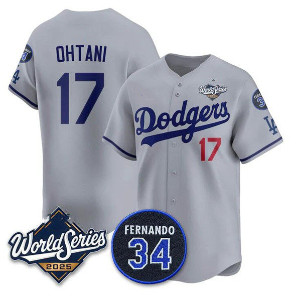 Los Angeles Dodgers #17 Shohei Ohtani Gray 2025 World Series With No. 34 Patch Limited Stitched Baseball Jersey