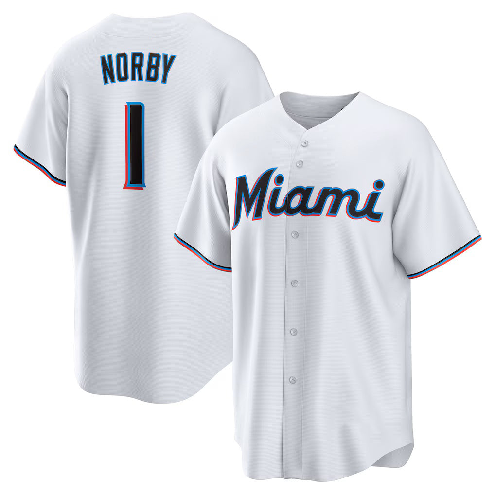 Miami Marlins #1 Connor Norby White Home Replica Baseball Jersey