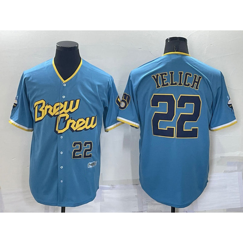 Milwaukee Brewers #22 Christian Yelich Number Blue 2022 City Connect Cool Base Stitched Baseball Jersey