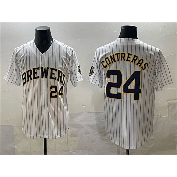 Milwaukee Brewers #24 William Contreras White Pinstripe 2025 With Patch Stitched Stitched Baseball Jersey