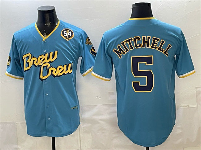Milwaukee Brewers #5 Garrett Mitchell Powder Blue City Connect With Home & Bob Uecker Patch Limited Stitched Baseball Jersey
