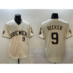 Milwaukee Brewers #9 Bob Uecker Cream With Home Patch Limited Stitched Baseball Jersey