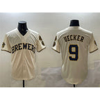 Milwaukee Brewers #9 Bob Uecker Cream With Home Patch Stitched Baseball Jersey