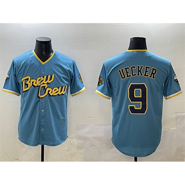 Milwaukee Brewers #9 Bob Uecker Powder Blue City Connect With Patch Cool Base Stitched Baseball Jersey
