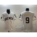 Milwaukee Brewers #9 Bob Uecker White Gold With Home Patch Limited Stitched Baseball Jersey