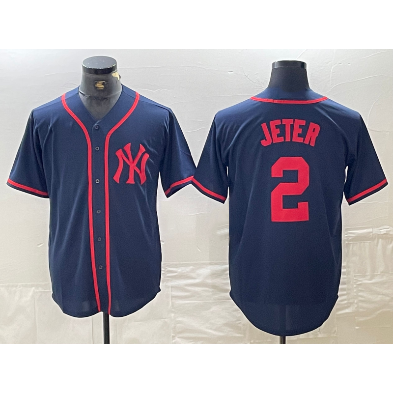 New York Yankees #2 Derek Jeter Navy Red Fashion Cool Baseball Jersey